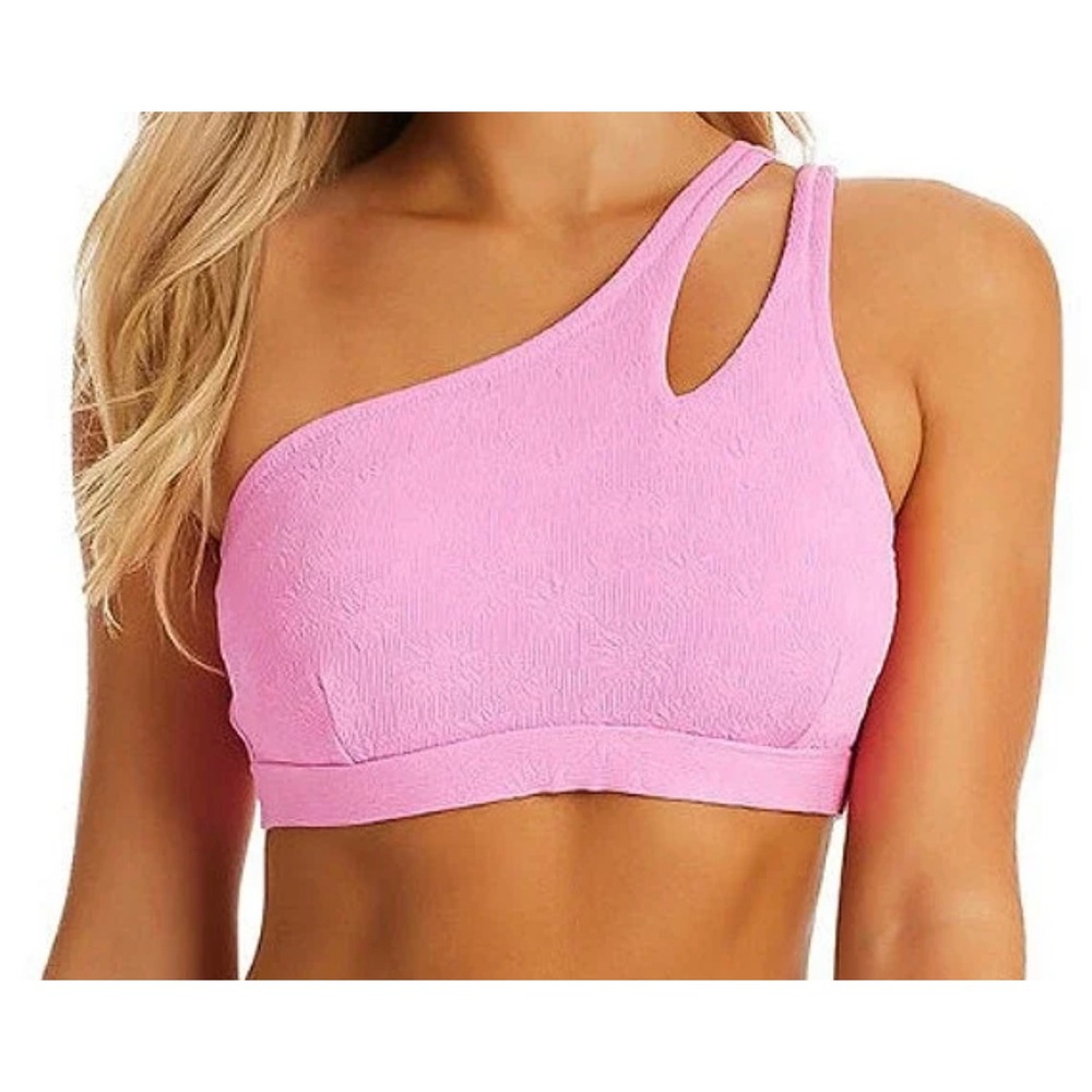 NWT Jessica Simpson Lip Gloss Sweet Daisy 1-Shoulder Bikini Top Pink Textured M